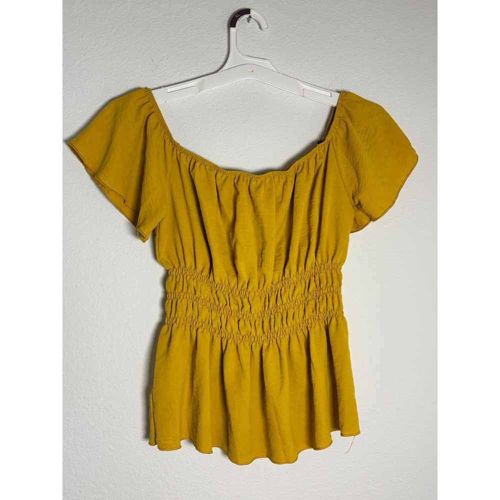 Papaya Mustard Yellow Smocked Peplum Blouse Off Shoulder Top Small